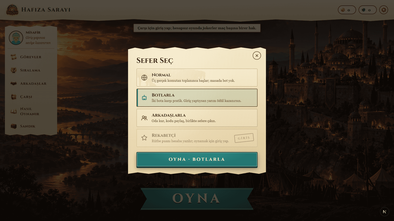 Hafıza Sarayı oyun modu seçimi ekranı
